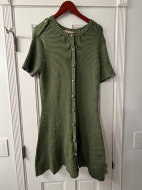 French Connection Olive Green Ribbed Knit Top with Gold Buttons